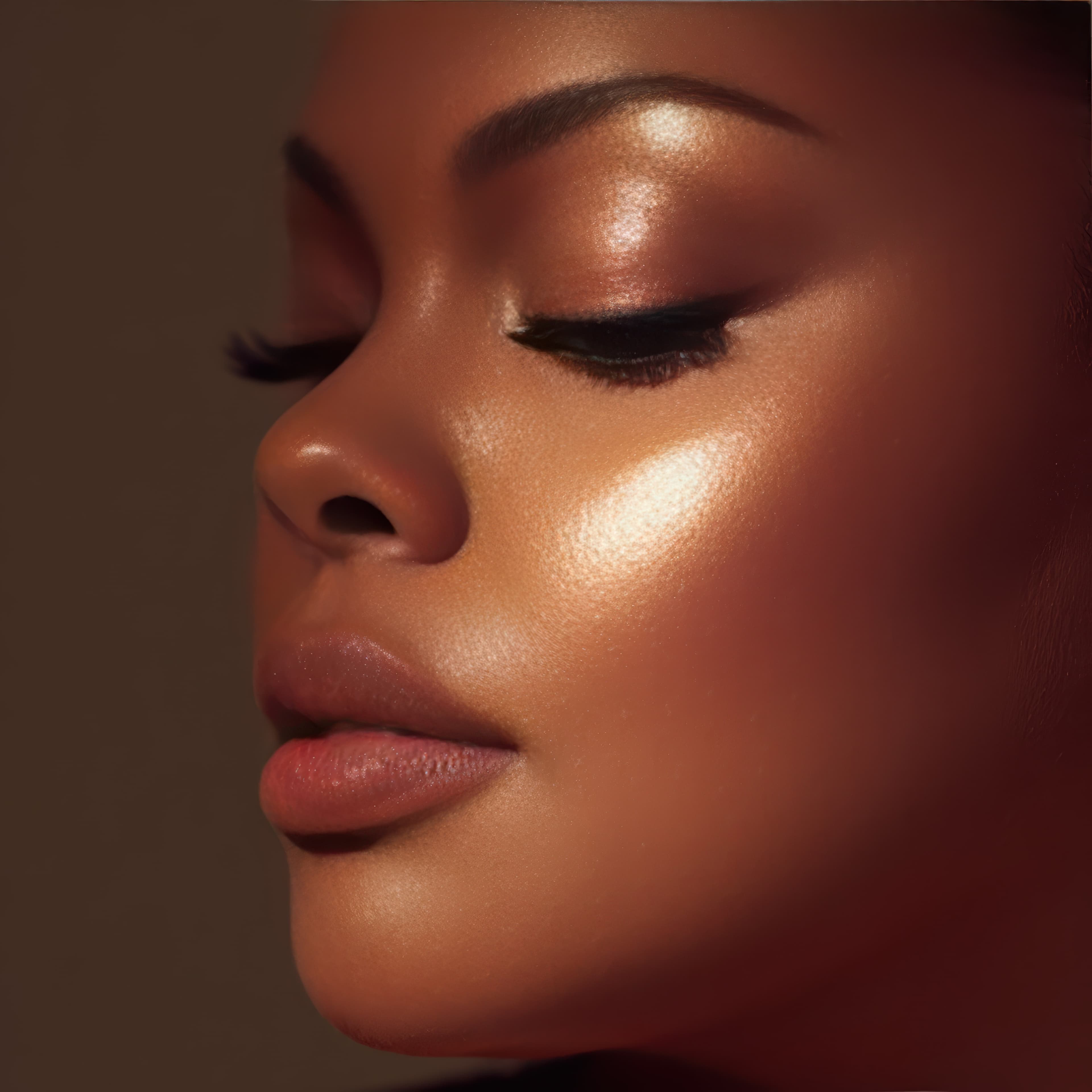 Editorial close-up portrait with soft glam makeup; not a product photo.